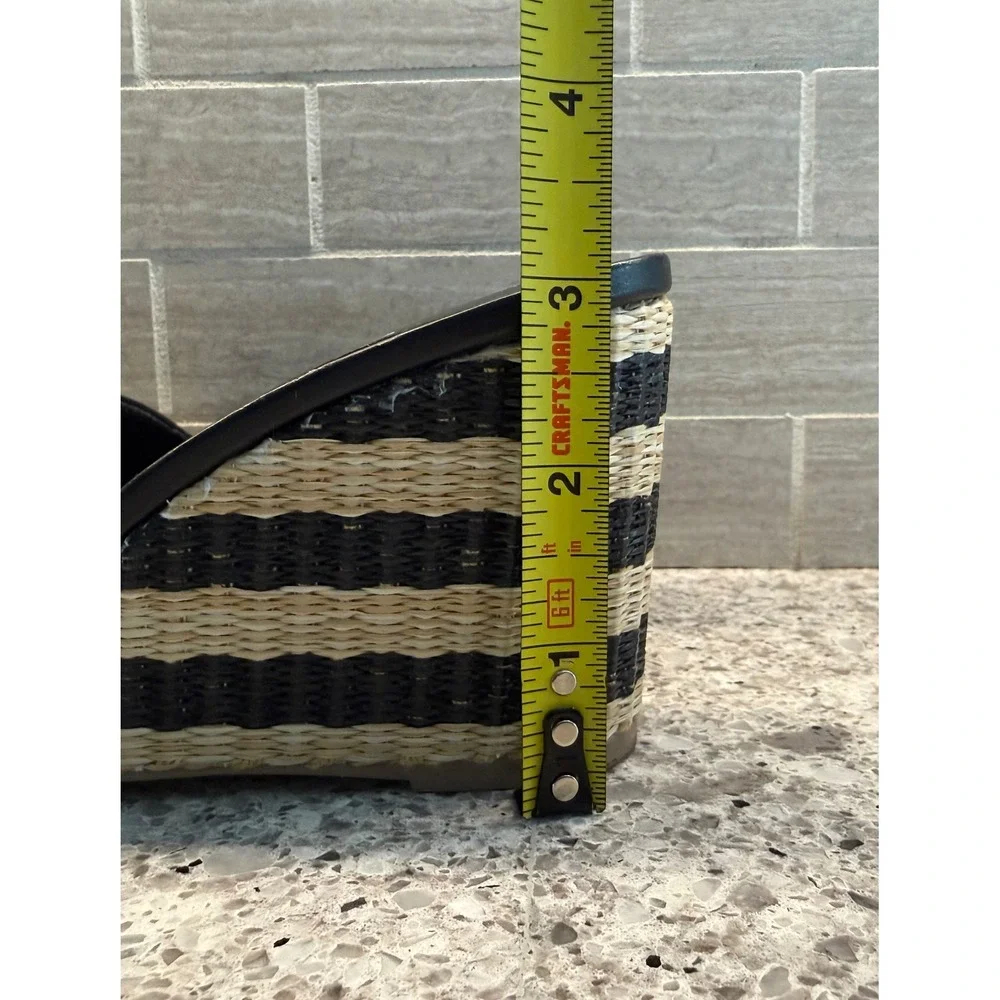 Kate Spade NY Linda Wedge Sandals Black Cream Striped Raffia & Leather Size 6.5M